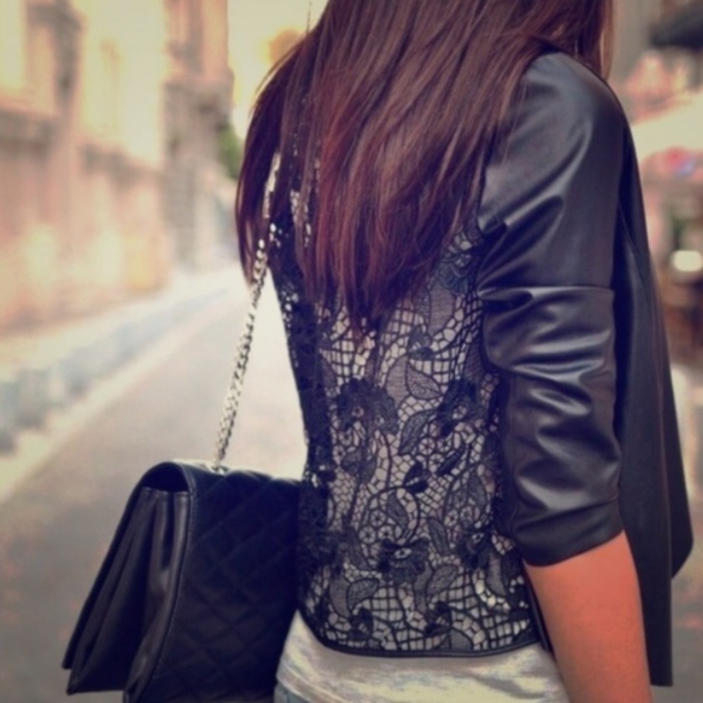 Zara faux leather, lace back, blazer.